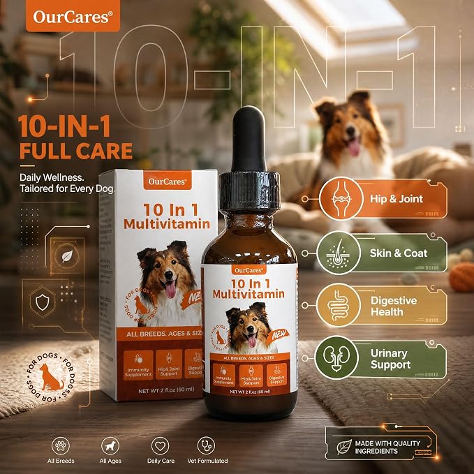 Liquid Dog Vitamins, Multivitamin Drops with Glucosamine, 2 fl oz | MSM & cranberry with vitamins B, C, D3 for skin, coat, energy, immune & urinary health. Tasteless for picky and senior dogs.