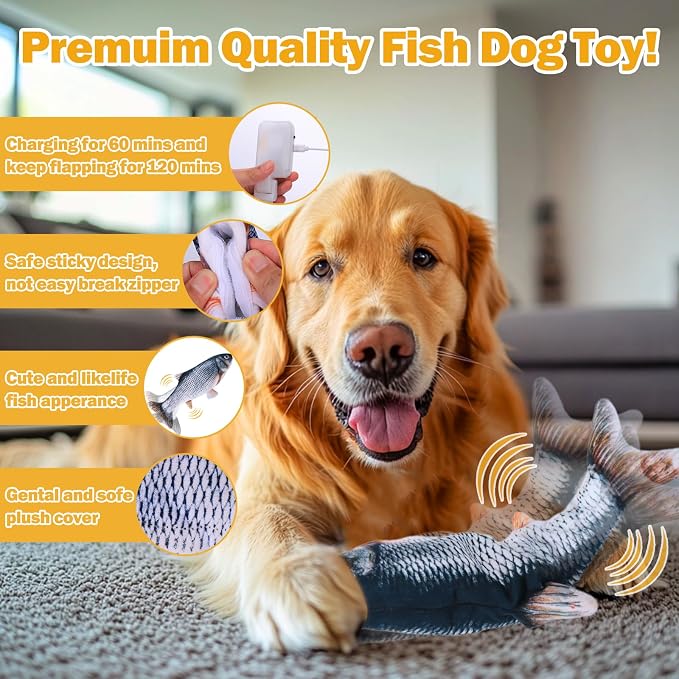 Mity rain Interactive Dog Toys Fish | Keeps Small, Medium & Large Dogs Busy Indoors & Outdoors - Rechargeable, Plush & Squeaky