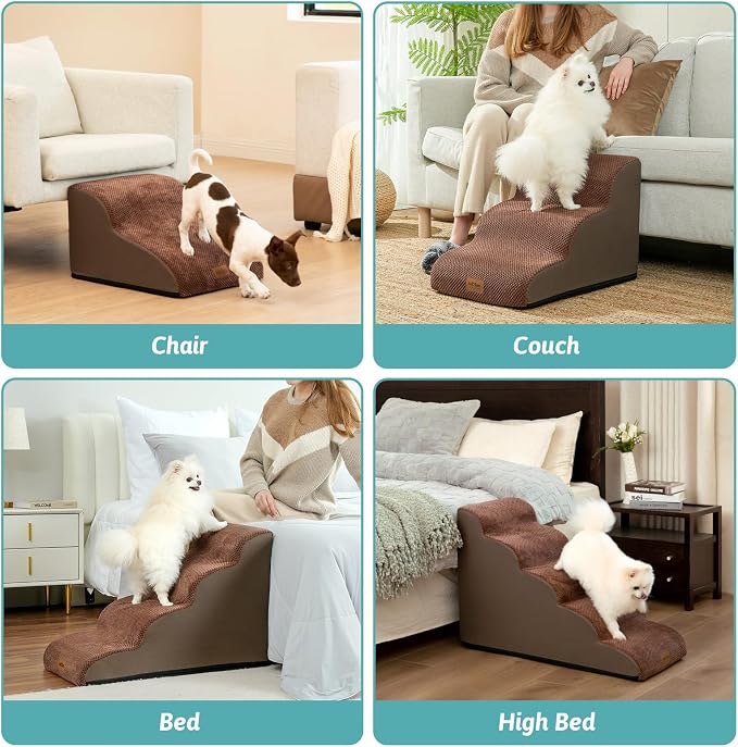 COZY KISS Wide Dog Stairs for Small Dog 19.7" H, 4 Step Pet Ramp for Bed | Curved Stable Dog Step for Puppy, Older Cat, Senior, Medium, Short-Legged Dog, Non-Slip Ladder, 17.7 inch Width, Brown
