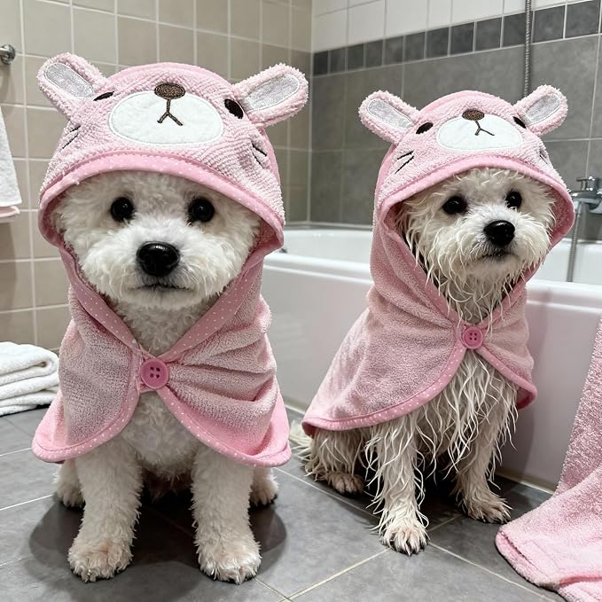 Dog Hooded Bathrobe Towel, Fast Drying Bath Towel Absorbent Warm Blanket Pink M