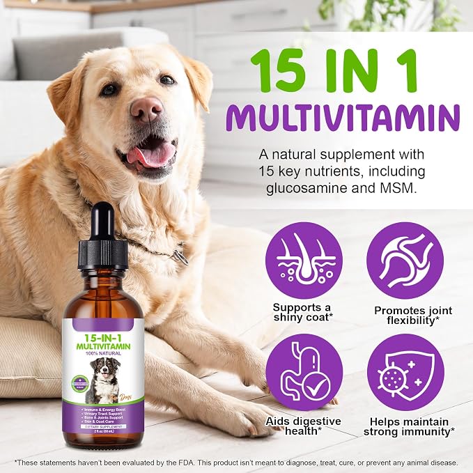 Dog Multivitamin Drops, 15 in 1 Multivitamin Liquid for Dog with Vitamin C, Vitamin D & B1, Dog Health Supplements for Skin Care, Joints & Hips