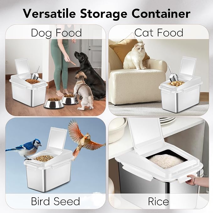 Newget 11 lb Stainless Steel Dog Food Storage Container with Scoop, 11 lb, Stainless Steel, White