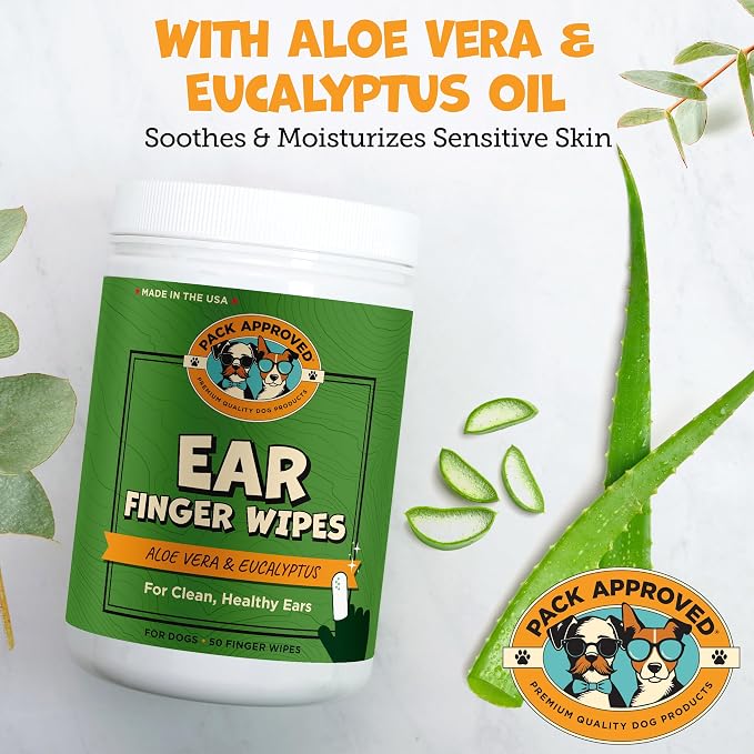 Pack Approved Finger Ear Wipes for Dogs with Aloe Vera and Eucalyptus - Convenient, Extra-Coverage, and Large Design Dog Ear Cleaning Wipes - Removes Wax and Freshens Ears - 50 Wipes