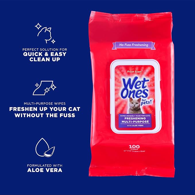 Wet Ones for Pets Freshening Cat Grooming Wipes with Aloe Vera, 100 Count