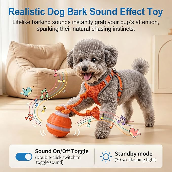 Interactive Dog Toys Automatic Rolling Ball with Rope Blue | Motion-Activated Play, Random Moving Electric Dog Ball with Sounds, Mental Stimulation, For Puppy Small Medium Dogs
