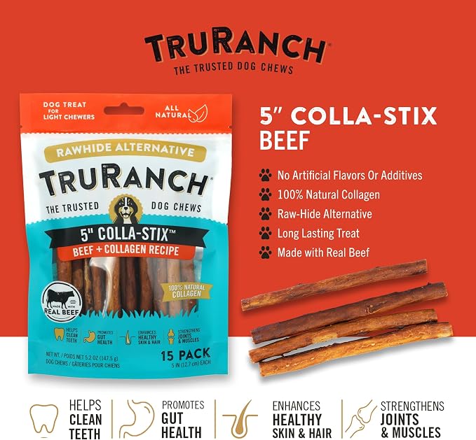 TRURANCH Collagen Sticks - 5" Collagen Sticks for Dogs - Long Lasting Healthy Joint Support - Rawhide Alternative - Skin & Coat Health - Made with Real Beef, Value Pack, 15 Bags, 225 Count