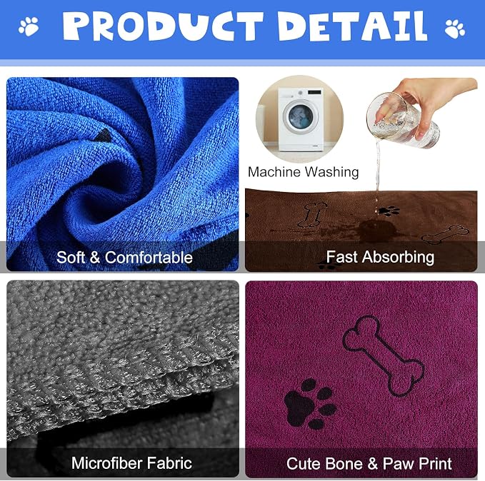 Chumia 4 Pcs Dog Towels for Drying Dog Puppy Bulk Microfiber Absorbent Paw Towel Pet Bathing Supplies Quick Drying for Medium Cats Pets Shower(24 x 40 Inch,Grey,Blue,Coffee,red)