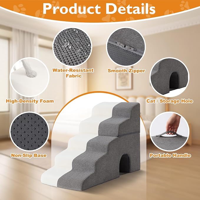 Dog Stairs for Bed 23’’ H, 5-Step Dog Steps for High Bed, Foldable Pet Stairs for Small Dogs and Cats to Get on Beds, Couch, Non-Slip Balanced Pet Steps and Ramp with Waterproof Cover, Grey