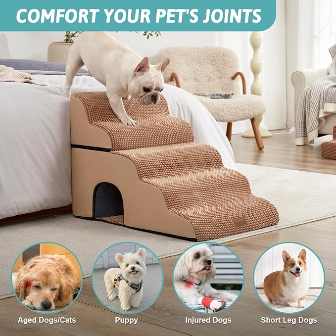 COZY KISS Small Dog Stairs with Tunnel, 5 Step Pet Ramp for High Bed | Curved Stable Dog Step for Puppy, Older Cat, Senior, Medium, Short-Legged Dog, Non-Slip Ladder for Car, 22.4" H, Light Brown