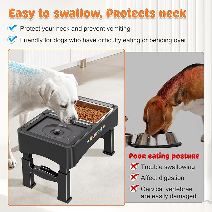 Decflow 3-in-1 Elevated Dog Bowls, 4 Height Adjustable Raised with Stainless Steel, Slow Feeder, No Spill Water Bowl, DIY Stickers Foldable Pet Bowl for Medium Large Dogs