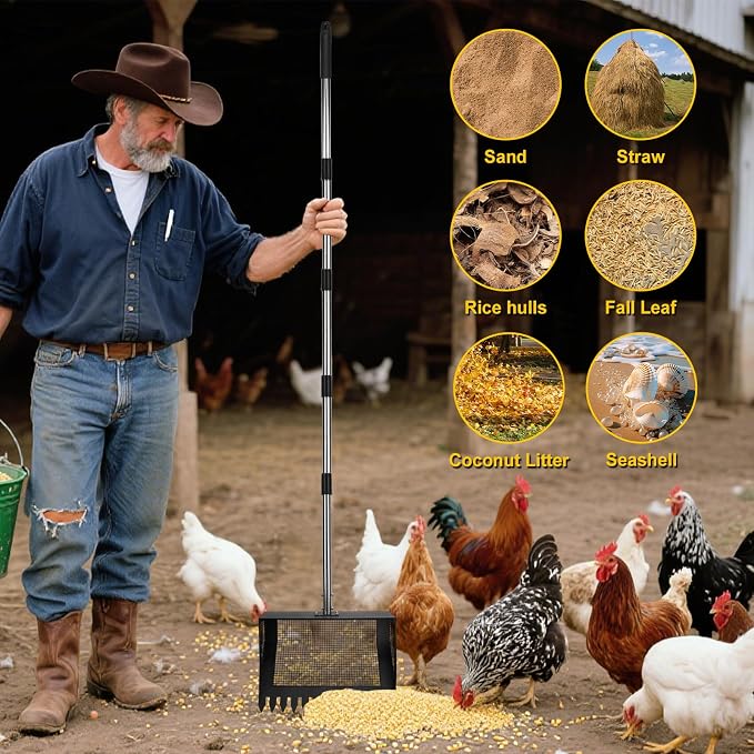 15inch Extra Large Chicken Poop Scooper,Adjustable Chicken Coop Scooper for Poop，Stainless Steel Chicken Poop Scooper Rake with 24 to 68" Handle,Litter Scooper Sifting Shovel Chicken Coop