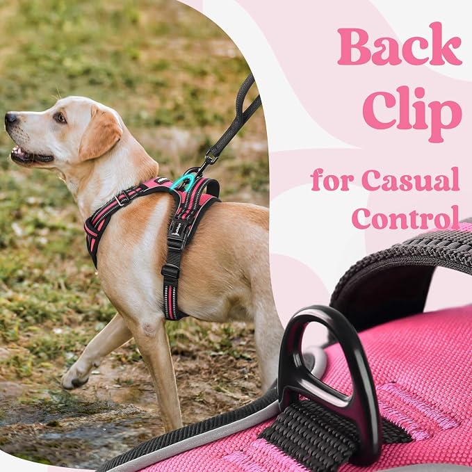 rabbitgoo Dog Harness Medium Sized, Updated Easy On & Off with 3 Buckles | No Pull No Choke, Walking with 2 Clips and Handle, Adjustable Soft Reflective, Rose Pink, Medium