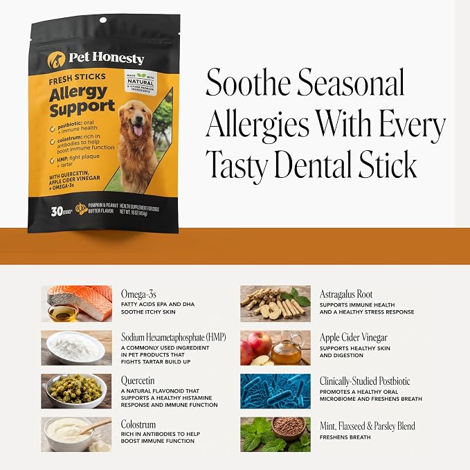 Pet Honesty Vet Backed Dog Dental Sticks for Allergy & Itch Relief, 30 Ct