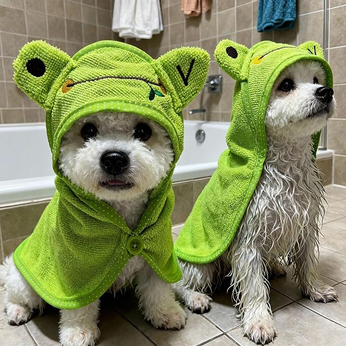 Dog Hooded Bathrobe Towel, Fast Drying Bath Towel Absorbent Warm Blanket Green L