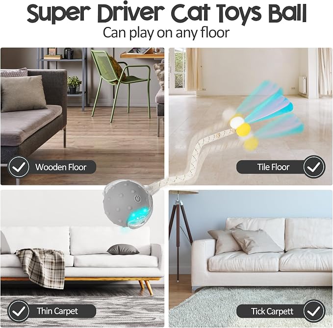 Interactive Cat Toys Ball,Automatic Moving Ball Toy,Rechargeable | Smart Electric Moving Stimulating with Two Elastic Mesh Tails, Chirping & Obstacle Avoidance and Motion Activated, Grey