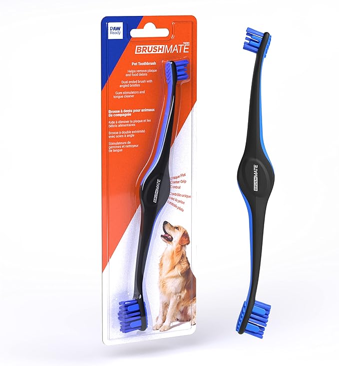Brushmate Dual-Size Angled Soft Brush Heads Toothbrush for Pet Puppies, Dogs, and Cats - Ergonomic Handle, Long Neck, Special Rubber Stimulators - Dental Care Tool for Healthy Oral Hygiene