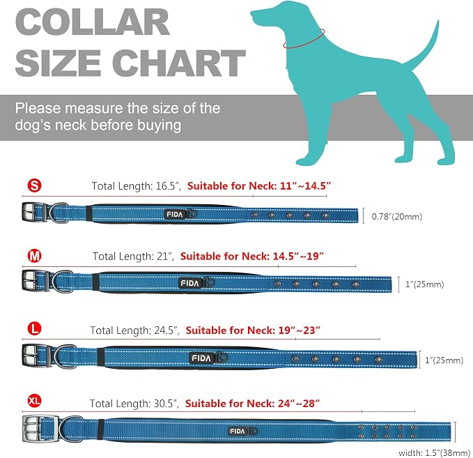 Fida Heavy Duty Dog Collar for Medium Dogs with Metal Belt Buckle, Blue | Soft Neoprene Padded for Extra Comfort, Thicker Nylon Webbing, Adjustable Fit, Reflective Stitching for Night Safety