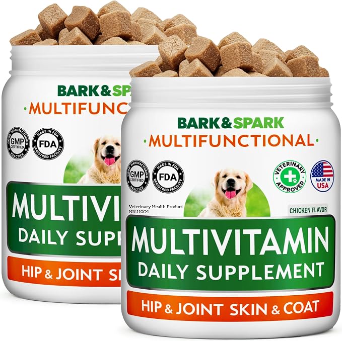 BARK&SPARK Dog Multivitamin Chews with Glucosamine, Omega 3 & Probiotics | Chondroitin & Digestive Enzymes - Skin, Coat, Joint & Gut Health Support - Vitamins & Supplements for Dogs - 240 Ct