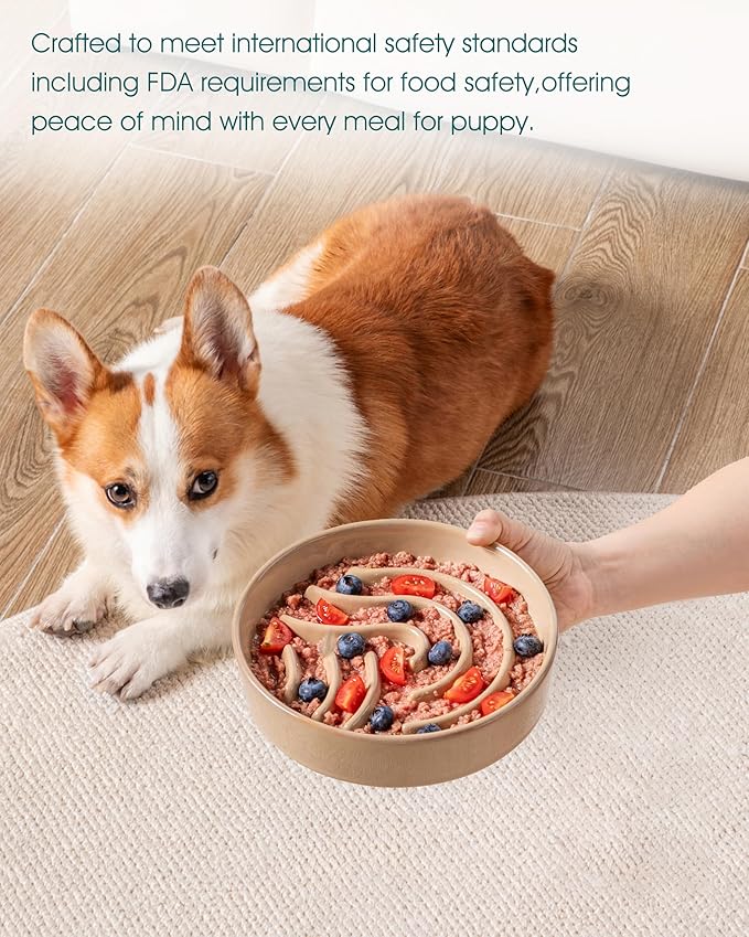 vancasso Slow Feeder Dog Bowl, 1.5 Cup Ceramic Slow Feeding Food Dish for Small and Medium Breed, Puzzle Dog Food Bowl for Fast Eater, Brown