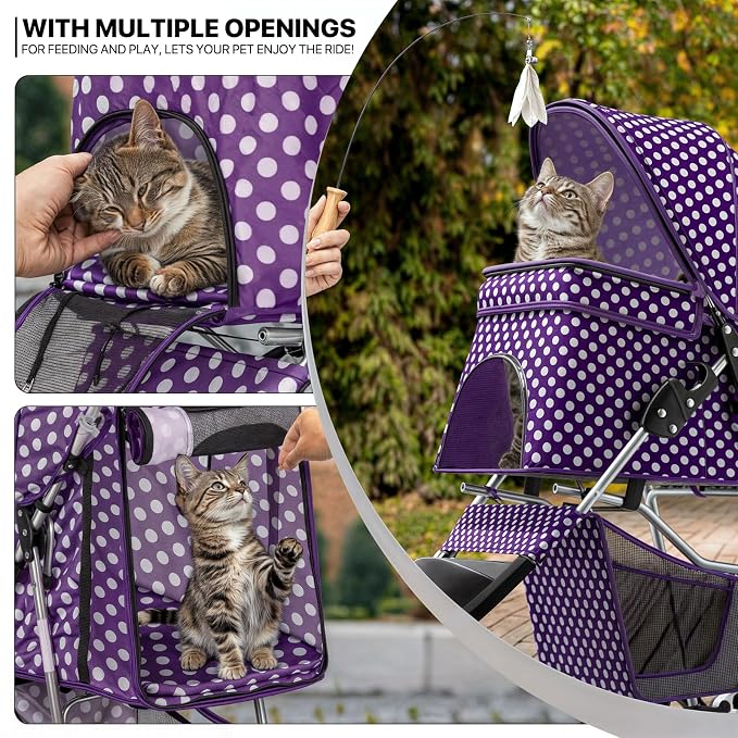 MoNiBloom Foldable Pet Stroller - Purple Polka Dots, 3 Wheels