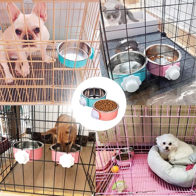 HERCOCCI Dog Crate Bowls, Removable Stainless Steel Pet Kennel Cage Hanging Food Bowls and Water Feeder Coop Cup Prevent Overflow for Puppy, Medium Dog, Cat, Rabbit, Ferret (3PCS)