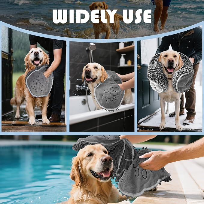Doggy Dryer, Quick Dry Dog Towel, Microfiber Super Absorbent Dog Bath Towels for Drying Dogs Large & Small, Pet Towel with Hand Pockets, Soft & Durable Puppy Towel, Machine Washable-Grey 32"x14"