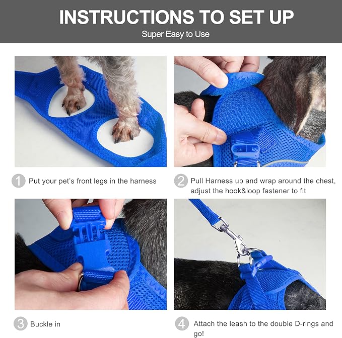 Fida Comfy Dog Harness with Leash, Soft Puppy Vest Escape Proof, Breathable Lightweight Soft Mesh, Adjustable Reflective Step-in Harness for Small & Medium Pet Walking (L, Blue)