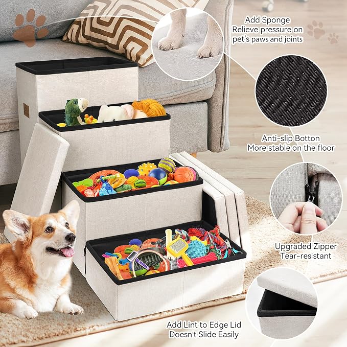 Zerbuger Dog Stairs with Condo 23" H, 4-Step Wider Folding Storage Pet Stairs Gift for Small/Medium/Large Old Dogs Cats, Dog Steps for High Beds Window, Ramp for Climbing Car Up to 200 lbs, Beige