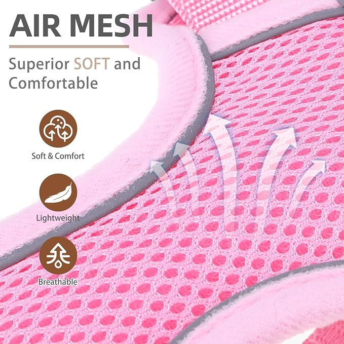PUPTECK Small Dog Harness and Leash Set, No Pull Adjustable Puppy Cat Harness, Reflective Soft Mesh Pet Vest Small Sized, Pink, S