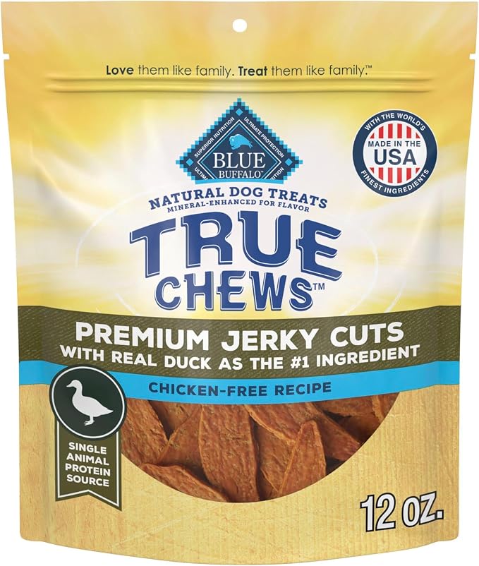 Blue Buffalo True Chews Premium Jerky Cuts with Real Duck, Chicken-Free Natural Dog Treats, Mineral-Enhanced for Flavor, 12 oz. Bag