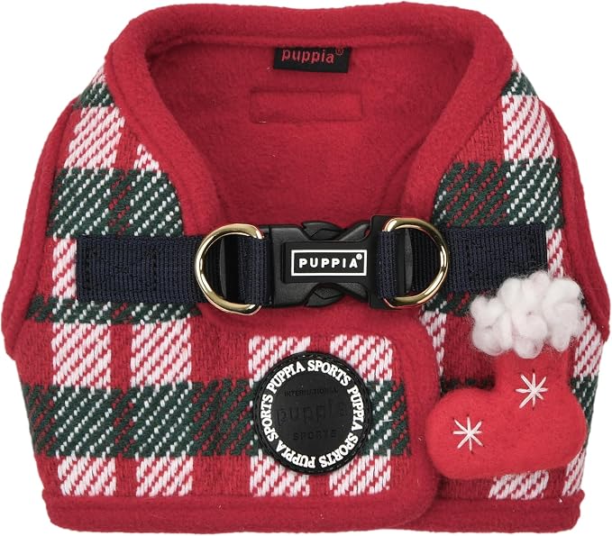 Puppia Festive Vest Dog Harness Step-in Warm Winter Checkered Pattern for Small and Medium Dog, Red, Large