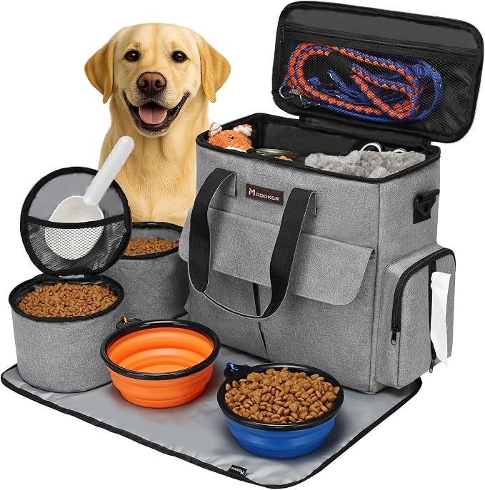 Modoker Dog Travel Bag Weekend Set with Food Containers & Bowls, Grey