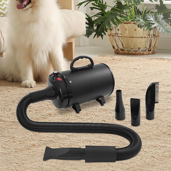 Professional Pet Hair Dryer 2200W, High Velocity Adjustable Dog Cat Blower with 4 Nozzles, Heater, Quiet, Pure Copper Motor, Fast Drying, Black, Grooming Dryer for Home Salon (Black)