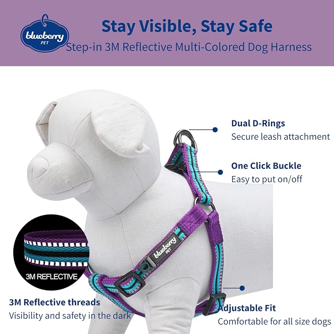 Blueberry Pet 5 Colors Step-in 3M Reflective Multi-Colored Stripe Padded Dog Harness, Chest Girth 26" - 39", Violet & River Blue, Large, Adjustable Harnesses for Dogs