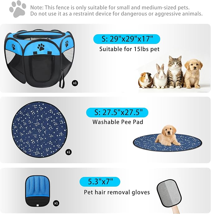 3-in-1 Cat Playpen for Indoor Cats Enclosed with Washable Pad & Glove, Portable Pop Up Dog Playpen, Foldable Pet Tent Crate Delivery Whelping Pen for Kitten, Puppy, Rabbit, Small Animals