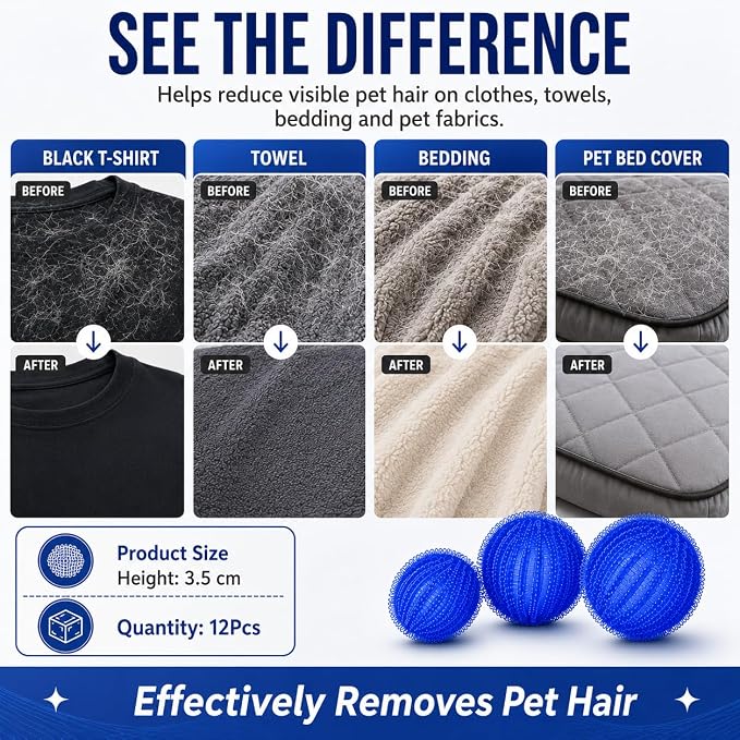 12 Pack Pet Hair Remover for Laundry, Reusable Cat & Dog Laundry Hair Catcher for Washing Machine and Dryer, Laundry Lint Remover for Clothes, Bedding, Towels & Pet Blankets