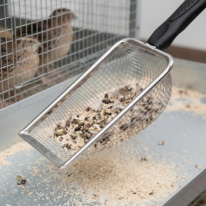 Chicken Poop Scooper 2 Pack, Stainless Steel Chicken Coop Scoop with 3.8mm & 5mm Mesh, Metal Litter Scoop for Chicken Coop Cleaning, Cat Litter Box and Sand (Black, 2pack)