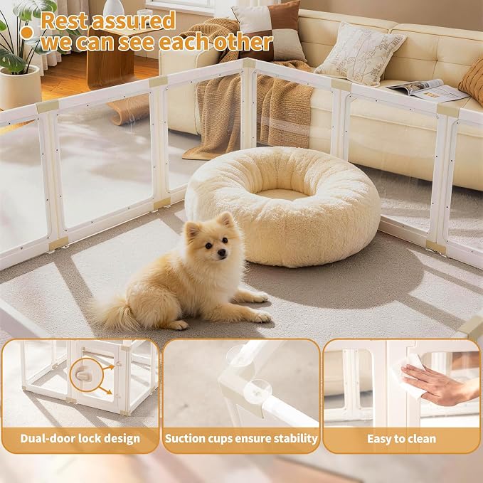 Acrylic Dog Playpen Indoor for Small Dogs & Puppies, Clear Transparent Pet Playpen with Modern No-Bar Design, 23.6" Easy Assemble Puppy Play Pen, Escape-Proof & Sturdy (12 Panels, White)