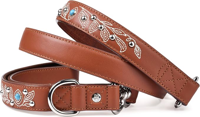 Blueberry Pet Western Cowboy Premium Brown Leather Dog Leash with Decorative Floral Design
