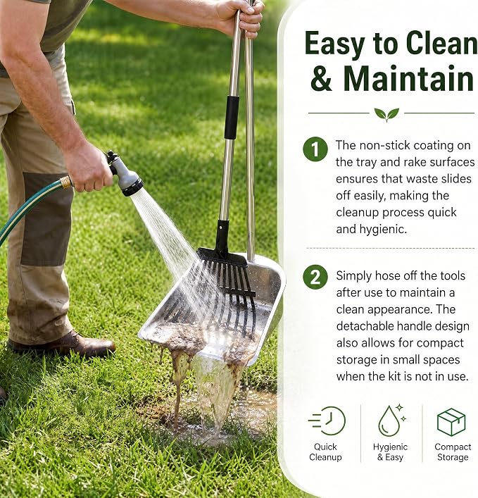 Dog Pooper Scooper for Large Dogs with Heavy Duty Stainless Steel Large Capacity Tray and 45" Carbon Steel Long Handle Rake, Rust-Proof Poop Scoop Set for Grass, Concrete and Gravel