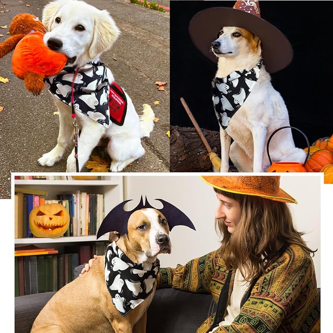 Halloween Dog Bandanas Black Ghost Spooky Costumes for Large Pets, Large, Black