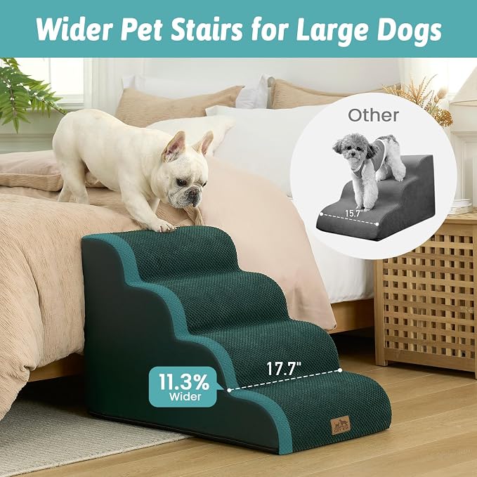 COZY KISS Wide Dog Stairs for Small Dog 19.7" H, Pet Step for Puppy, Older Cat, Curved Ramp for Bed, Durable Anti-Slip Ladder with High Density Foam, 4 Step, 17.7x28x19.7 inch, Dark Green