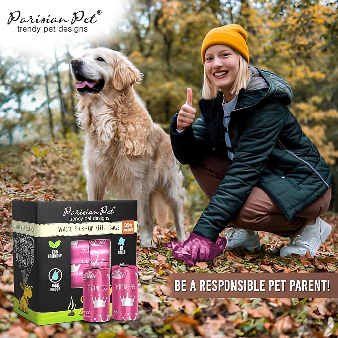 Parisian Pet Ecofriendly Dog Poop Bags Rolls - 320 Count Unscented Poop Bags For Dogs - Leakproof, Extra Thick, 16 Dog Waste Bags Refill Rolls - Princess Pink Doggie Poop Bags - Fits All Dispenser
