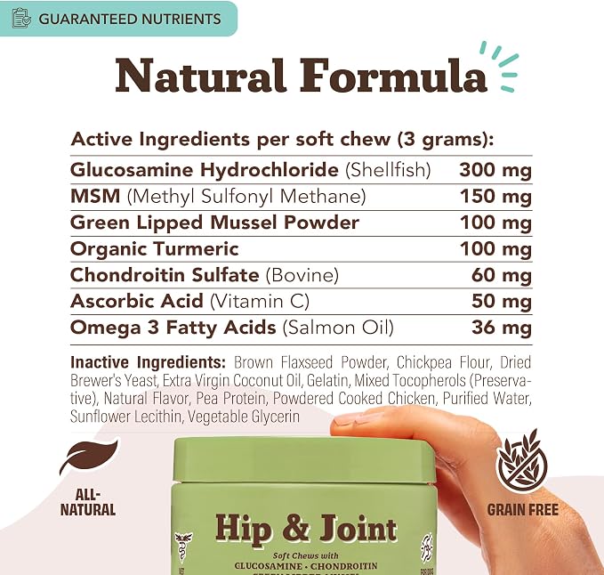 Natural Dog Company Hip & Joint Chews for Dogs with Glucosamine for Dogs + Chondroitin, MSM & Turmeric, Supports Mobility & Reduces Discomfort, Stiffness, Natural Pain Relief Joint Supplement. 180 Ct