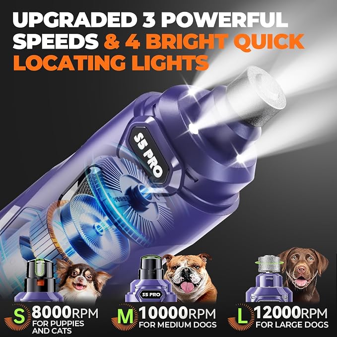 Whisper Quiet Dog Nail Grinder with 4 LED Lights, 3-Speed, Blue