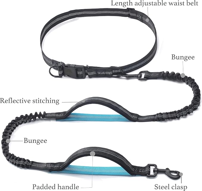 iYoShop Retractable Hands Free Dog Leash, Small, 8-25 lbs, Black | Bungee Waist Leash, Dual Handles, Adjustable Waist Belt, Walking and Running