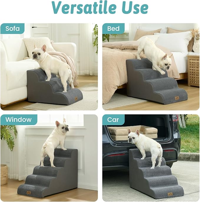 COZY KISS Wide Dog Stair for Small Dog 22.6" H, 5 Step Pet Ramp for Bed | Curved Stable Dog Step for Puppy, Older Cat, Senior, Medium, Short-Legged Dog, Non-Slip Ladder for Car, Dark Grey