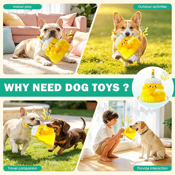 Fuufome Plush Cake Dog Toy | No Stuffing, Squeaky & Crinkle Interactive Puppy Chew Toy for Small Medium Dogs, Birthday Gift