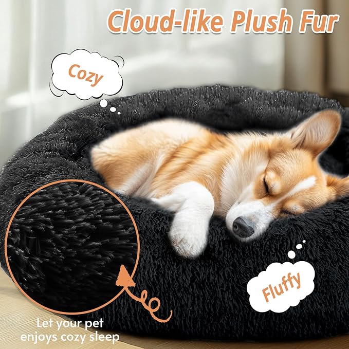 JOLLYVOGUE 23" Calming Donut Dog & Cat Bed, Black