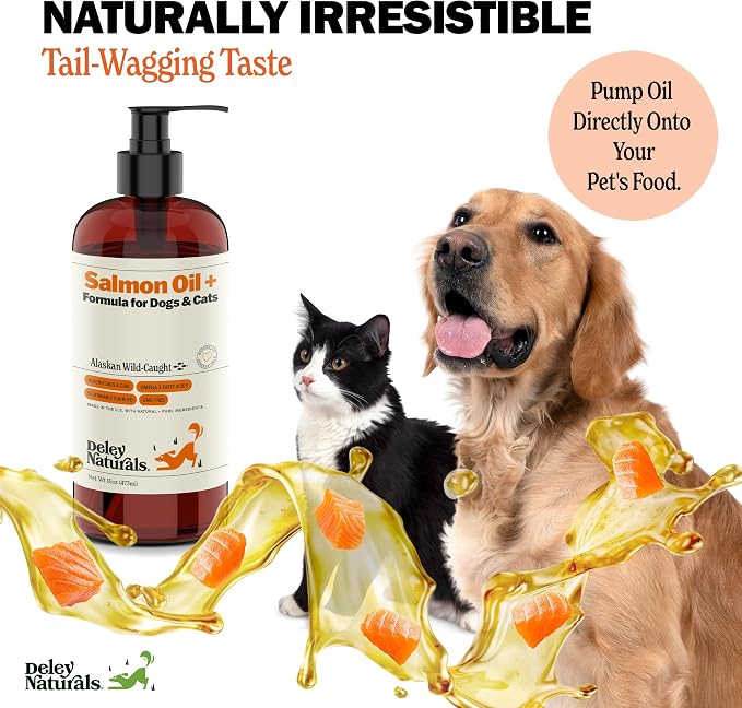 Deley Naturals Wild Alaskan Salmon Oil for Dogs & Cats - New and Improved Salmon Oil Plus Formula - Fish Oil for Dogs with Omega 3, DHA and EPA - Omega 3 for Healthy Skin and Coat - 16oz Made in USA